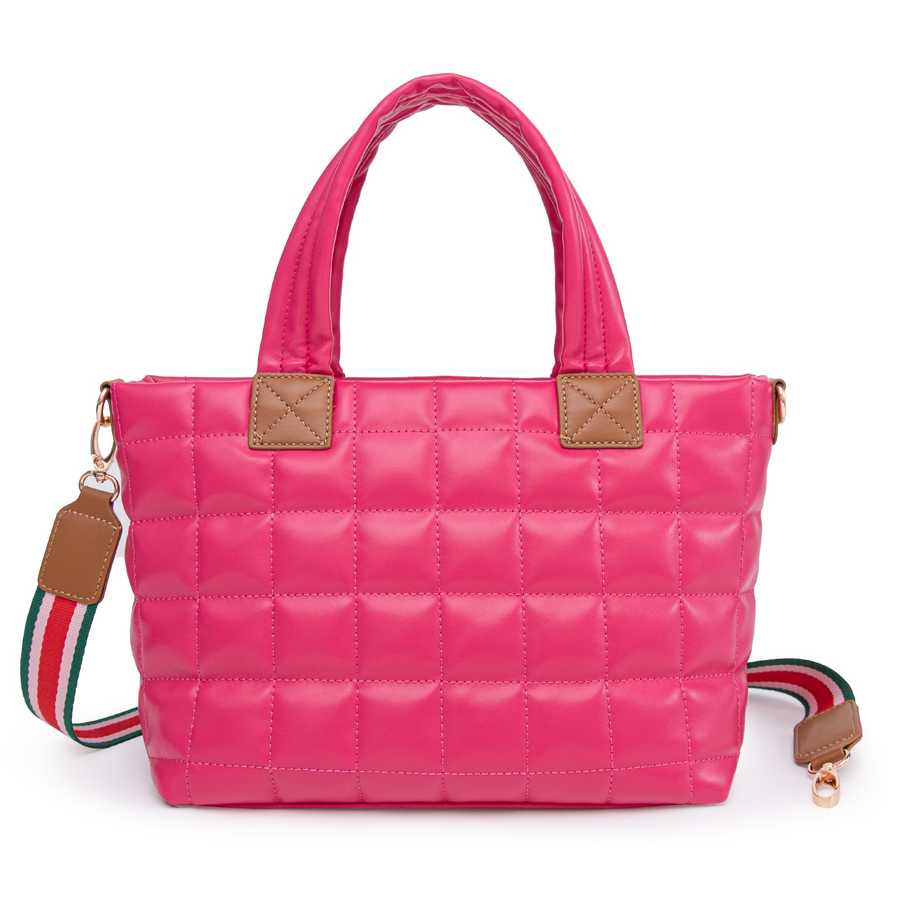 Pink quilted handbag with a strap on a white background