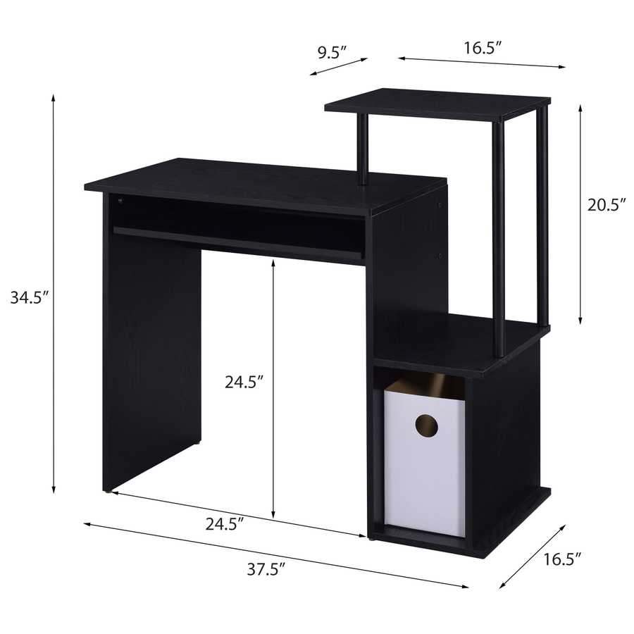 Dimensions and layout of black computer desk with open shelving and keyboard tray