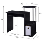Dimensions and layout of black computer desk with open shelving and keyboard tray