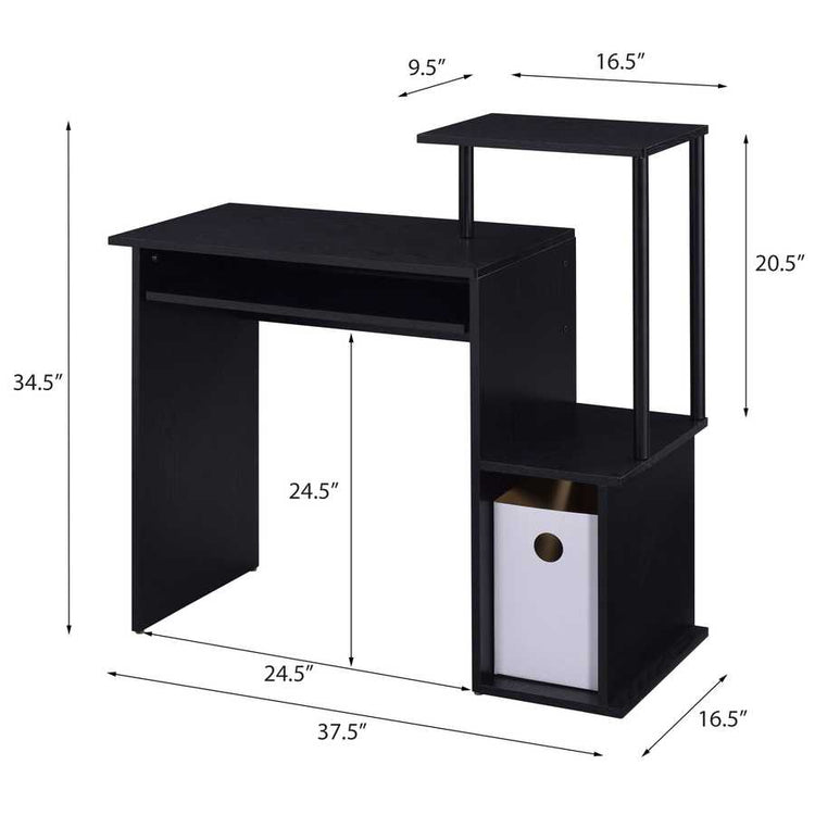 Dimensions and layout of black computer desk with open shelving and keyboard tray