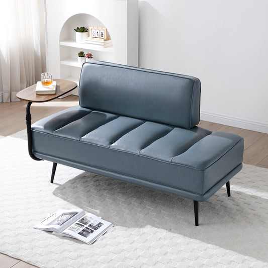 55"Inch Width Modern End of Bed Bench,Grey Faux Leather Upholstered With side table, 360-degree Swivel tray couch,Entryway Ottoman MLNshops]