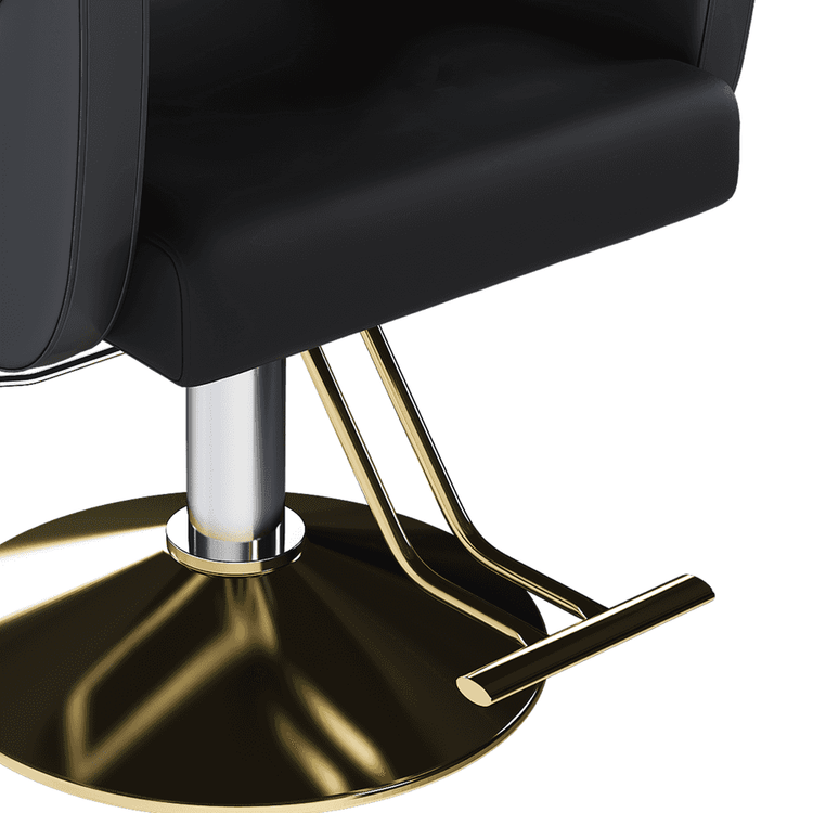 Stylish black and gold salon chair with marble floor and mirror