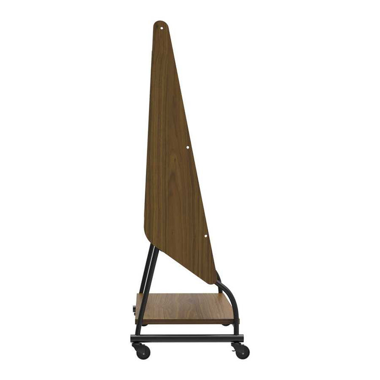 Side view of Adjustable Mobile TV Stand with Mount - Adjustable Cart showing triangular wood panel and caster wheels.