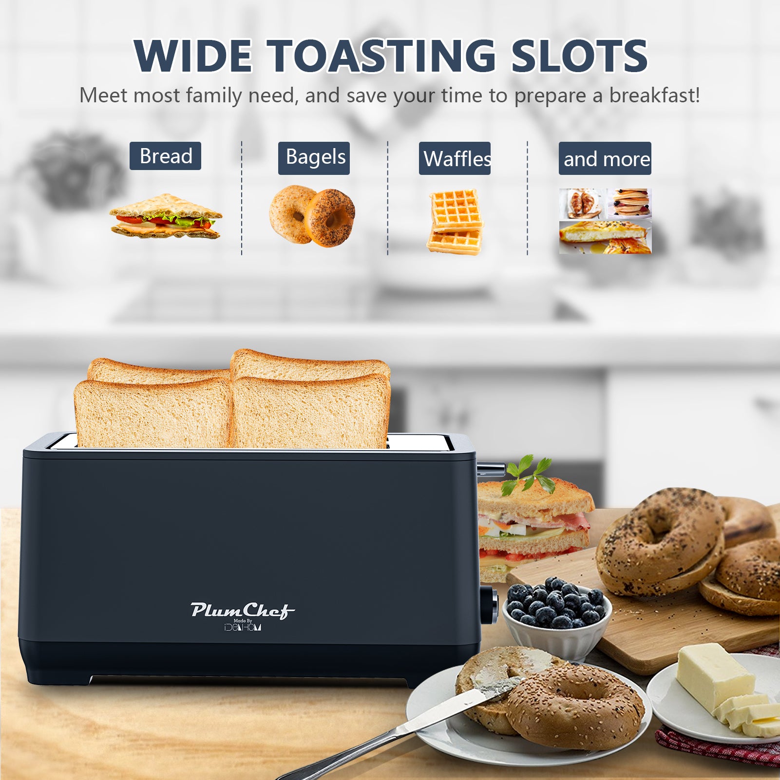 4-Slice Toaster with Warming Rack - 6 Browning Settings | Easy Cleanup, wide toasting slots fit bread, bagels, waffles, and more for family breakfasts.
