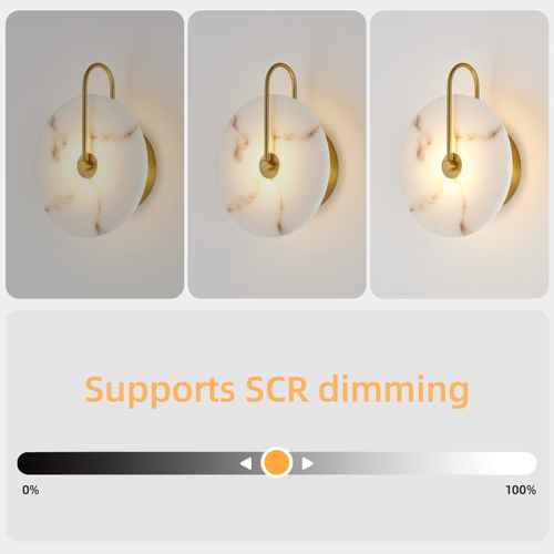 Three-panel view of a wall-mounted light fixture with a round white marble-look glass shade and curved gold-toned backplate, shown lit. Below the panels, text reads &