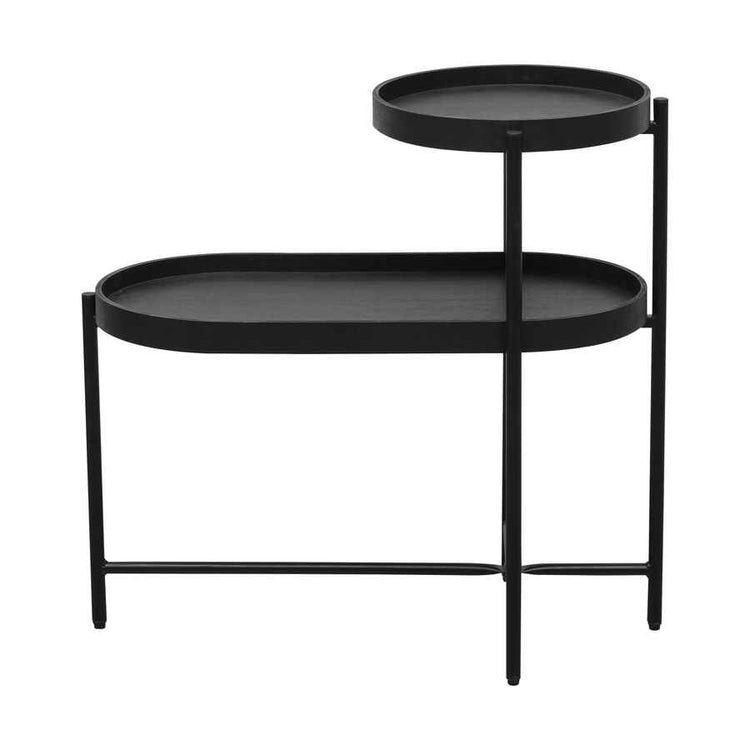 Black two-tiered side table on a white background