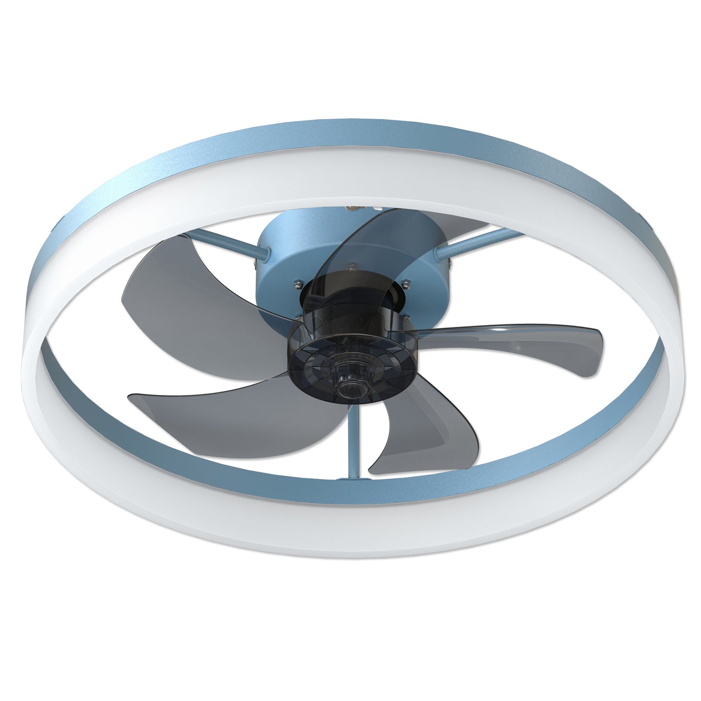 a ceiling fan with a blue and white design