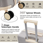Close-up of 360° spinner wheels and telescopic handle on durable lightweight luggage set, designed for smooth and stable travel mobility.