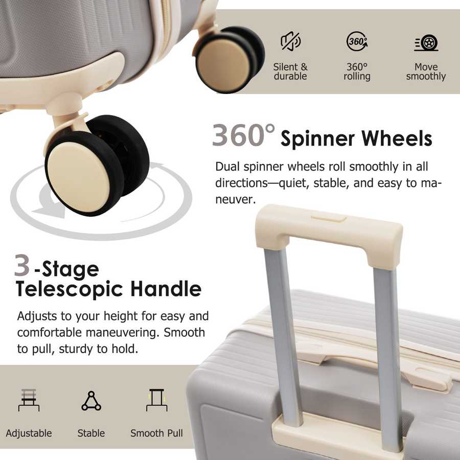 Close-up of 360° spinner wheels and telescopic handle on durable lightweight luggage set, designed for smooth and stable travel mobility.