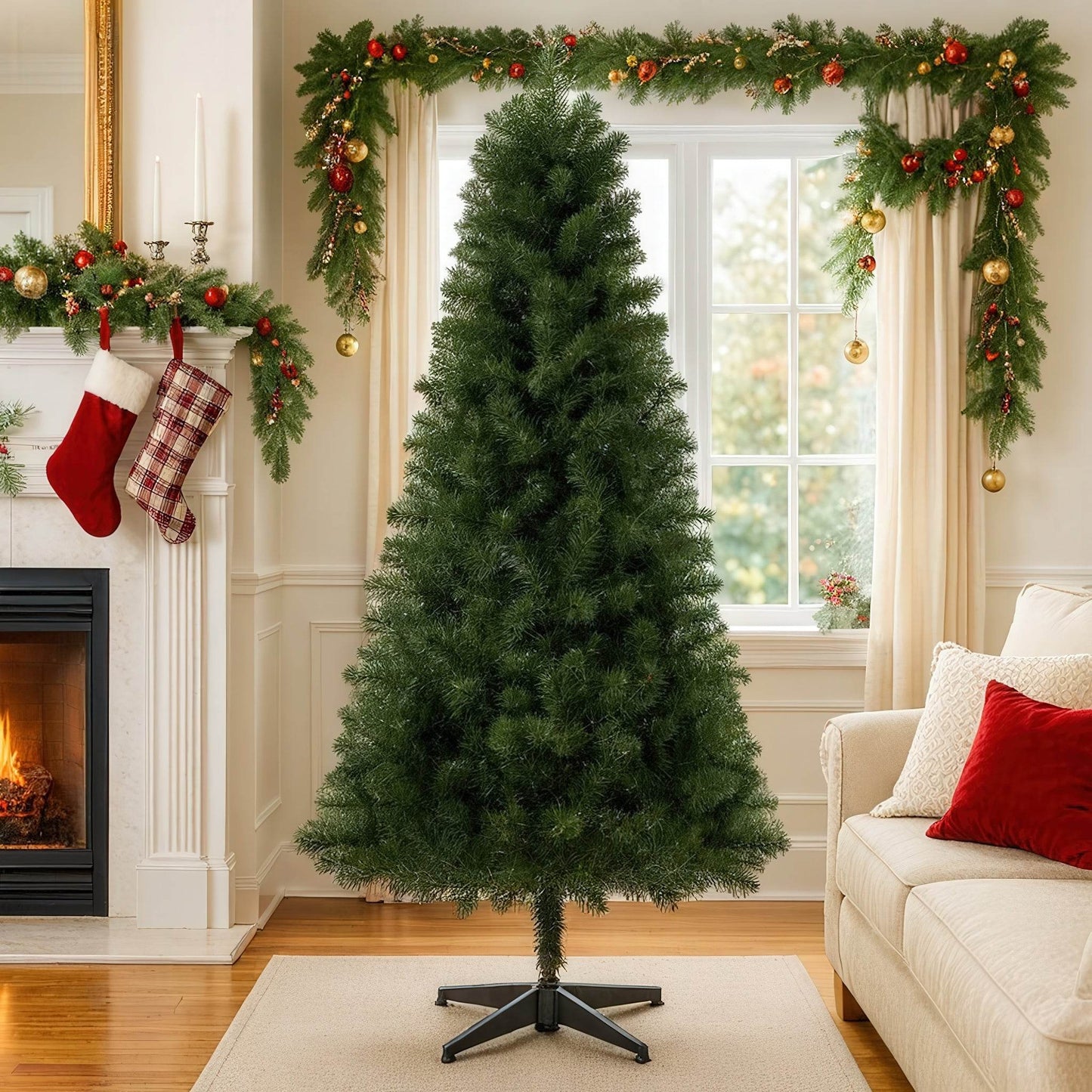 6FT Unlit Artificial Christmas Tree with 490 Tips, PVC Full Branches, Classic Green Holiday Tree with 4-Leg Plastic Stand for Indoor Home Decoration Default