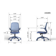 Blue office chair with dimensions labeled on a white background