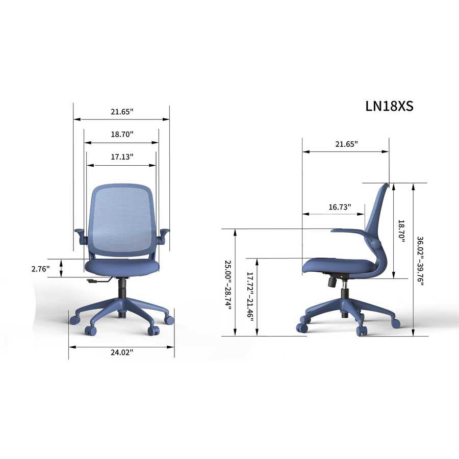 Blue office chair with dimensions labeled on a white background