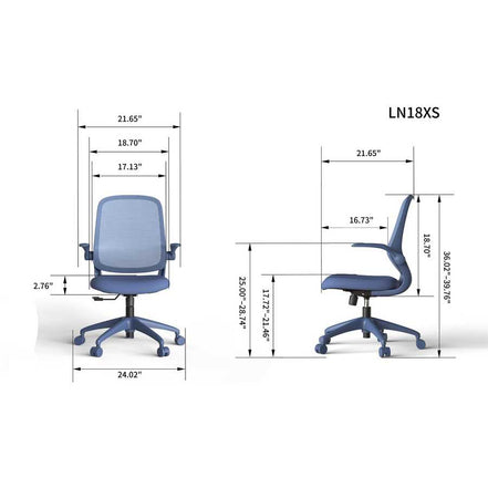 Blue office chair with dimensions labeled on a white background