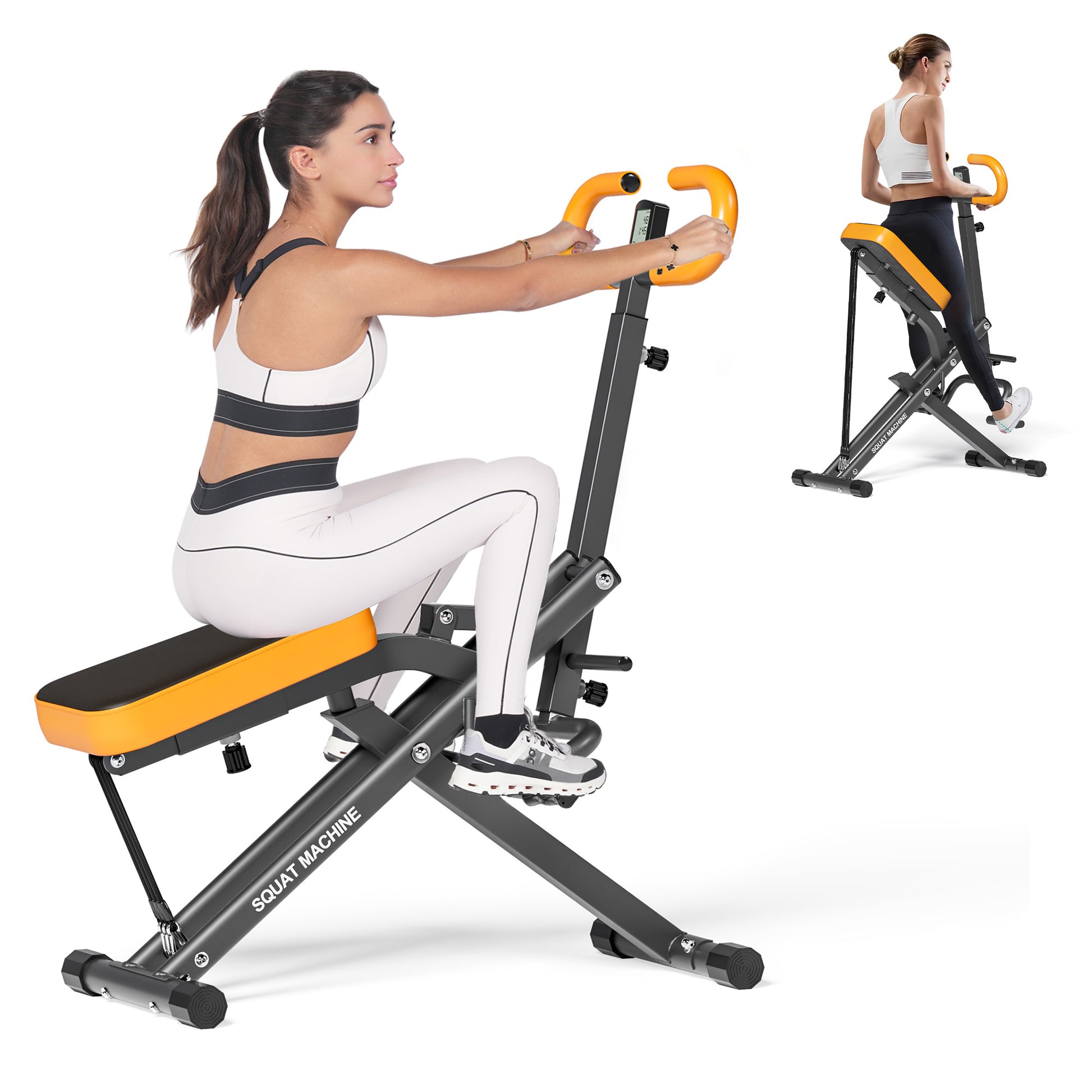 Close-up of Squat Rowing Machine with adjustable resistance, showing seated and upright workout positions for full body training.
