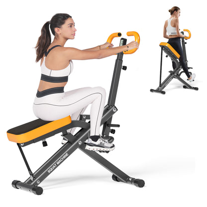 Close-up of Squat Rowing Machine with adjustable resistance, showing seated and upright workout positions for full body training.