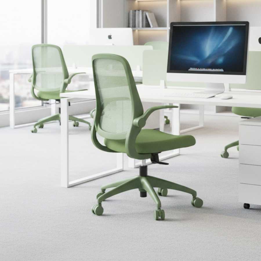 Green office chair in a modern office setting with white desks and computer monitors.