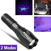 LED UV Flashlight Detection Lamp with zoomable feature showing UV and white light modes for scorpion spotting and night visibility.