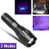 LED UV Flashlight Detection Lamp with zoomable feature showing UV and white light modes for scorpion spotting and night visibility.