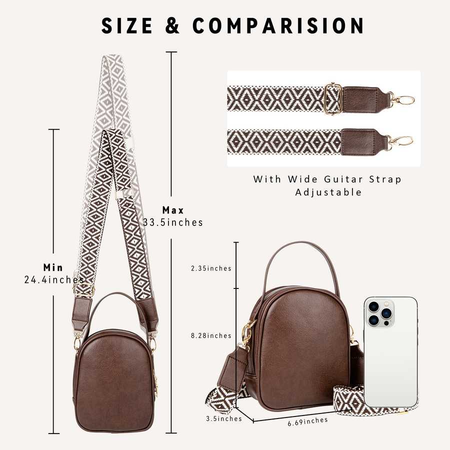 Brown crossbody bag with guitar strap and size comparison diagram on a white background