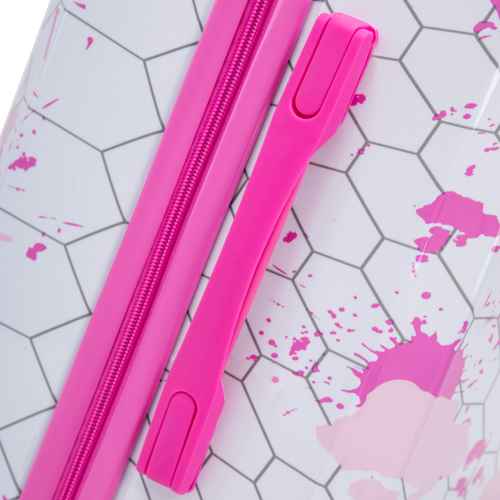 Open pink printed spinner luggage with black interior, multiple compartments, and zippered pockets for organized packing