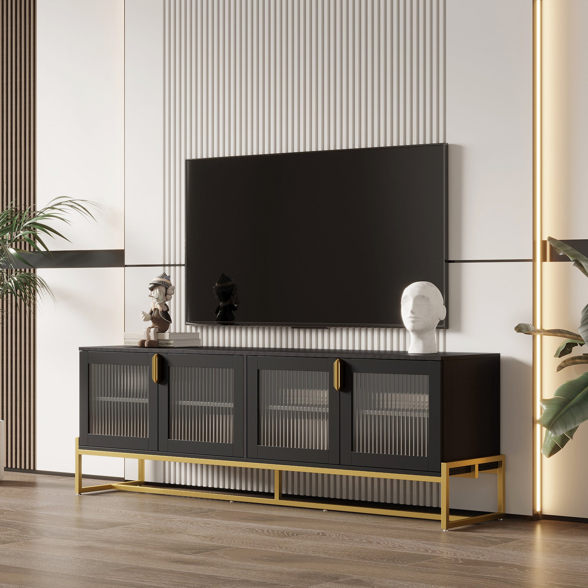 Black 70.87" TV STAND.Entertainment Center with Shelf, Wood TV Media Console with Sturdy Metal Legs for Living Room