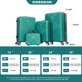 A dimension infographic for a four-piece green hard-shell luggage set, showing the lengths, heights, and widths of each suitcase from 14 inches to 28 inches, along with weight details and a small set of travel tips.