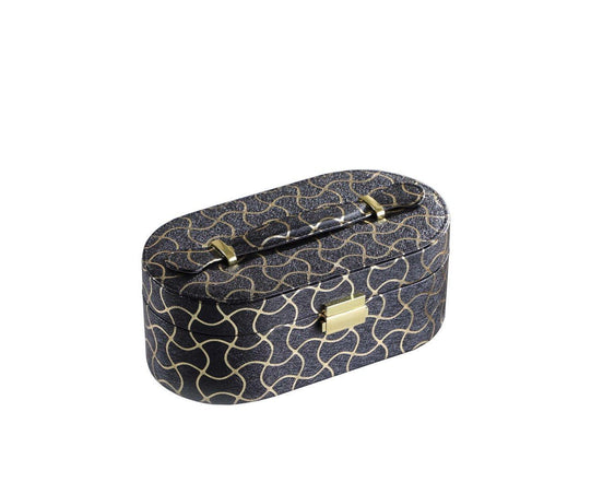 9.5' Long Leather Jewelry Organizer Case with Mirror, Gold Swirl Pattern, Black Default