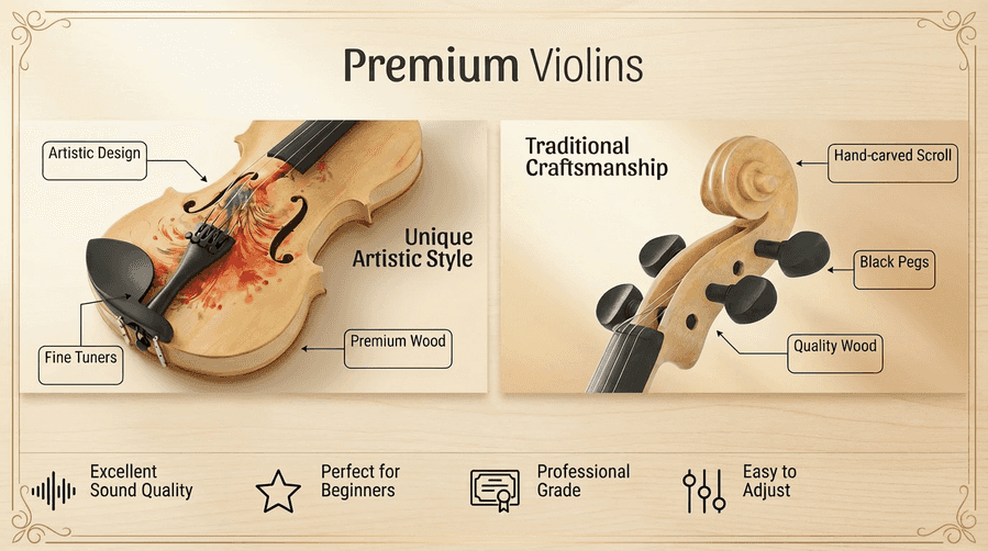 Violin with detailed parts and labeled diagram