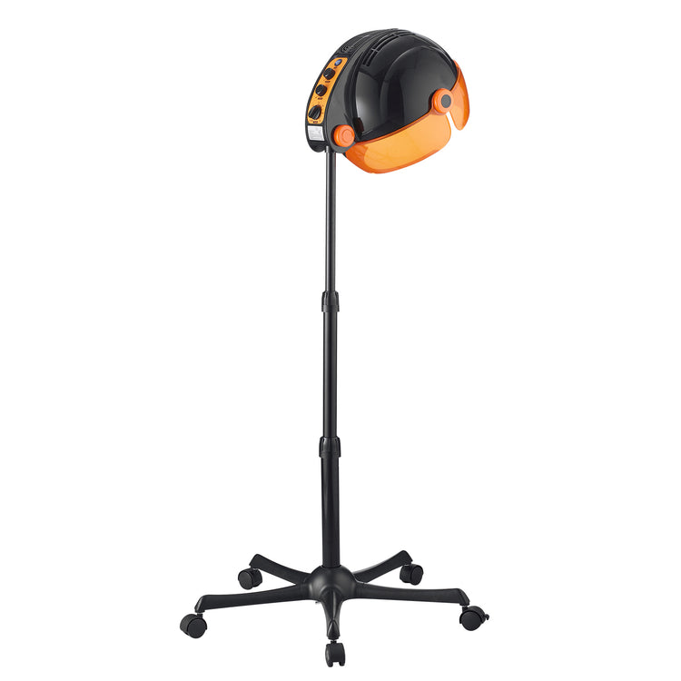 Black and orange stand with a helmet on a white background