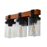 Three-light wall fixture with wooden bracket and clear glass shades on a white background