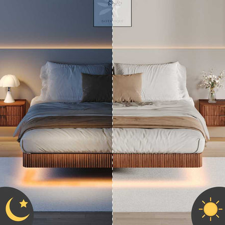 King floating bed frame with LED lights in walnut finish, shown in day and night settings with adjustable lighting effects.
