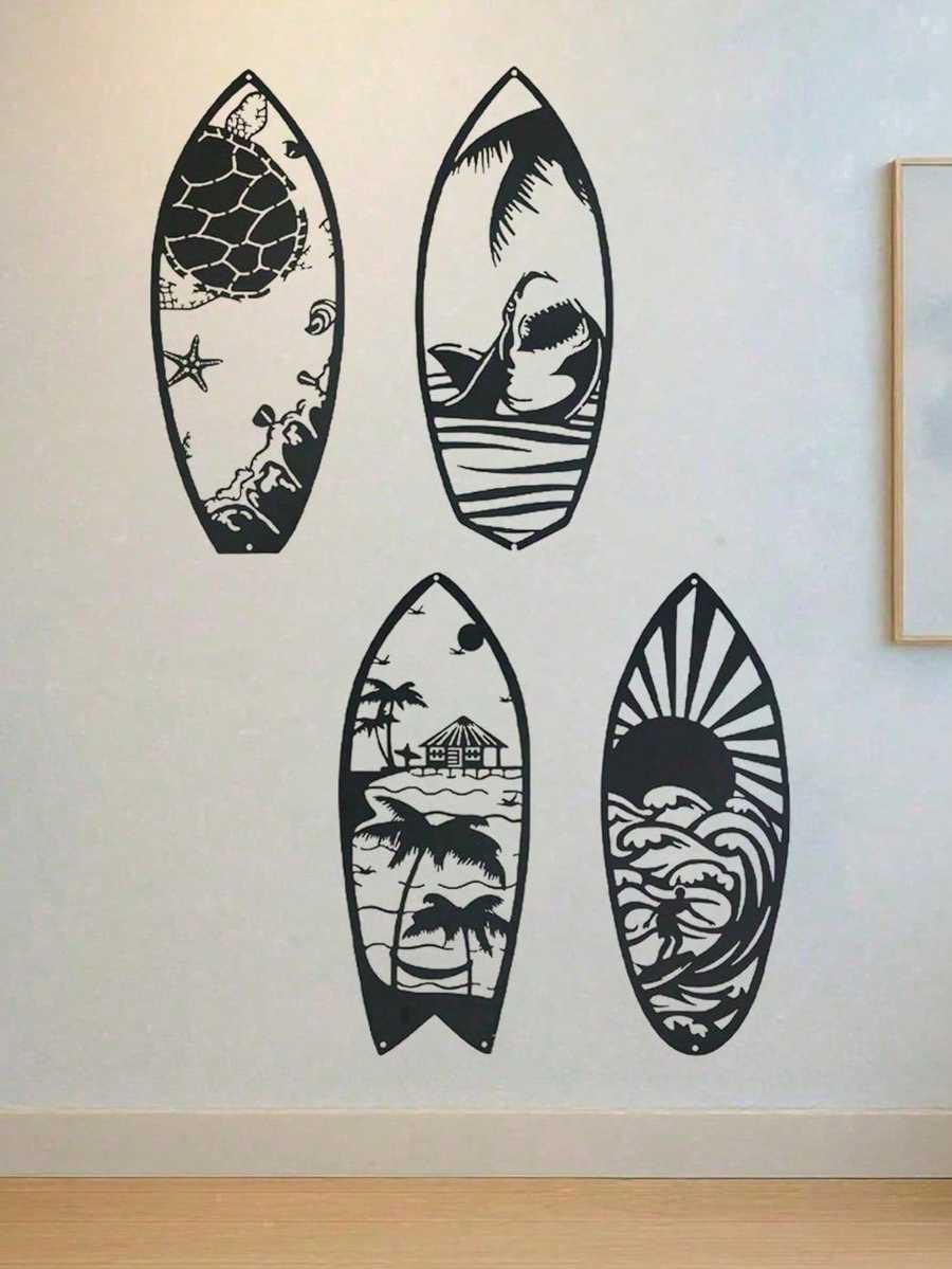 Metal surfboard wall art set featuring ocean-themed cutouts like sea turtles, sharks, and beach huts. Ideal for modern coastal home decor.