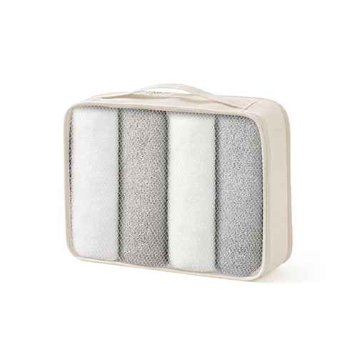 Cream-colored mesh packing cube with multiple compartments, zipper closure, and compact design for travel organization