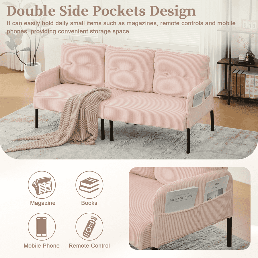 Pink sofa with double side pockets design in a living room setting