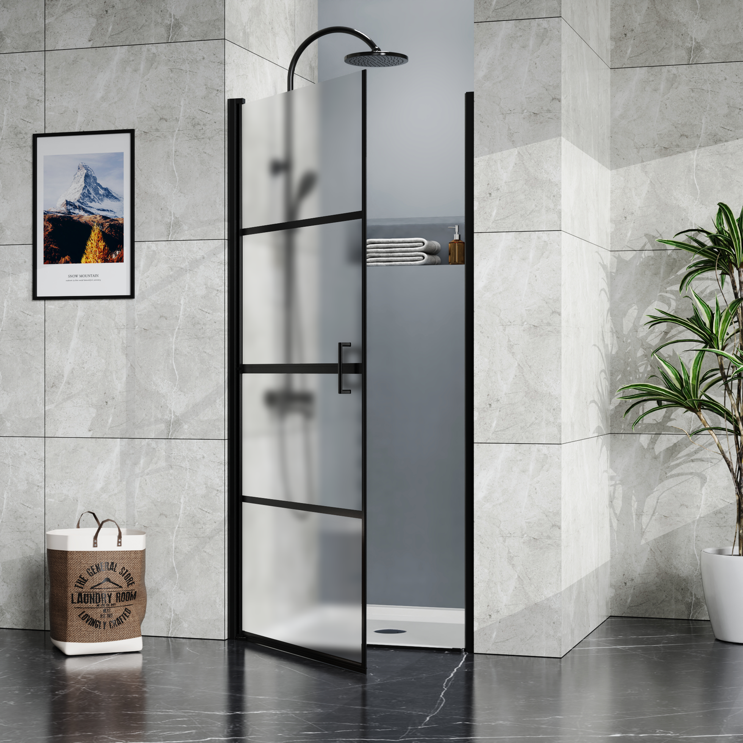 Goodyo Framed Hinged Shower Door,34"X72" Swing Tempered Glass Door, Black, Frosted MLNshops]