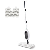 A white and black electric floor mop with a silver handle, shown with a white microfiber pad and two patterned replacement pads on a plain white background.
