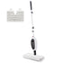 A white and black electric floor mop with a silver handle, shown with a white microfiber pad and two patterned replacement pads on a plain white background.