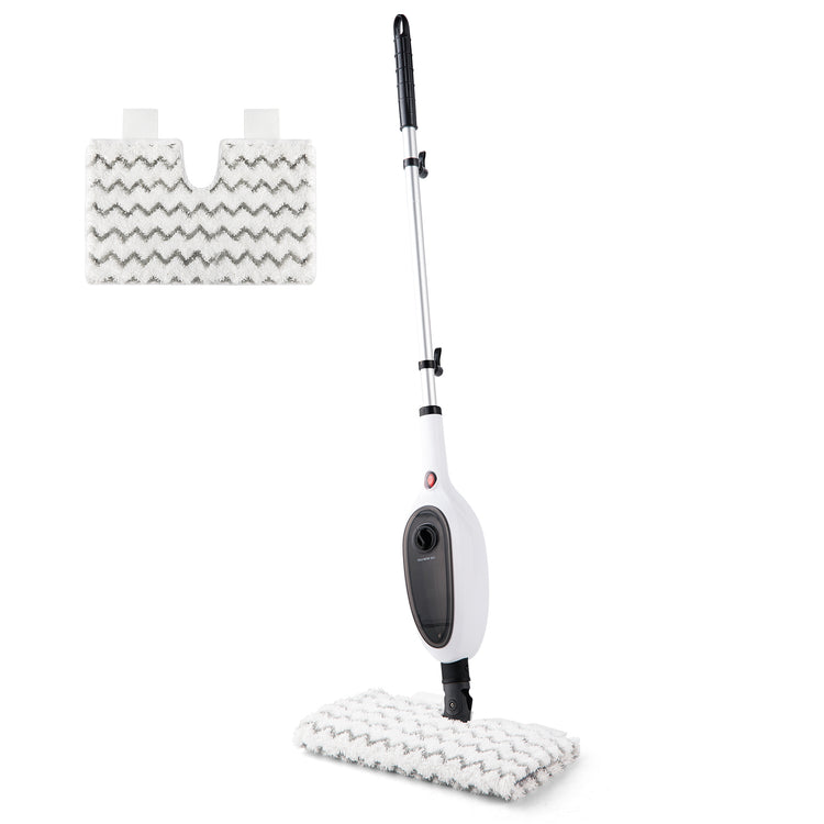A white and black electric floor mop with a silver handle, shown with a white microfiber pad and two patterned replacement pads on a plain white background.