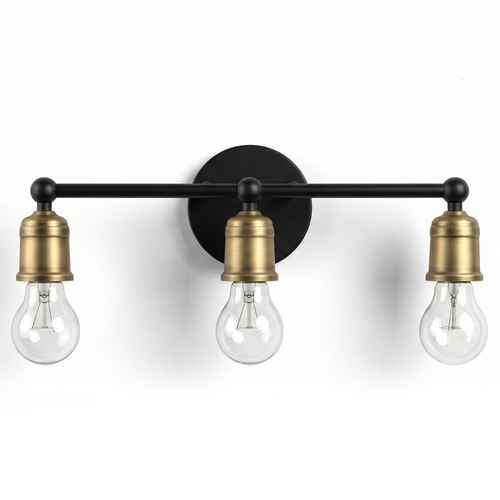 Three-light wall sconce with black and brass finish on a white background