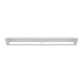 Minimalist white TV stand with open storage, featuring a sleek design and clean lines, in a contemporary living room setting.