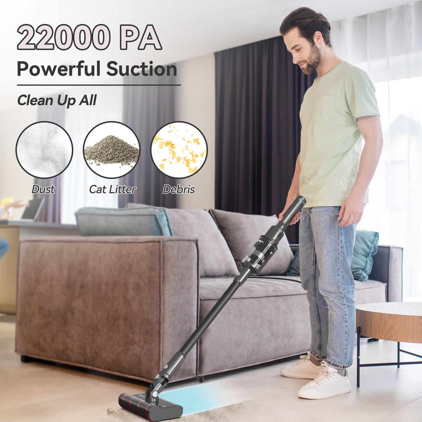 V101 Gray Cordless Vacuum Cleaner 22Kpa Powerful Suction efficiently removes dust, cat litter, and debris on hard floors in living rooms.