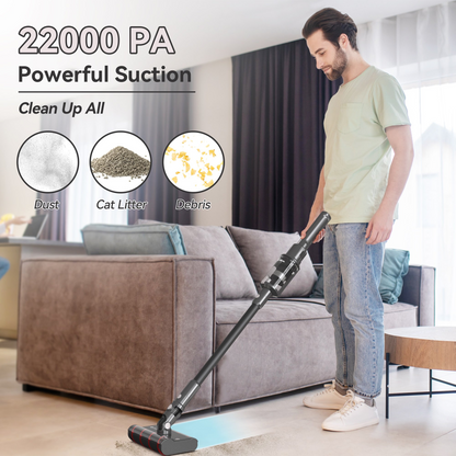 V101 Gray Cordless Vacuum Cleaner 22Kpa Powerful Suction efficiently removes dust, cat litter, and debris on hard floors in living rooms.