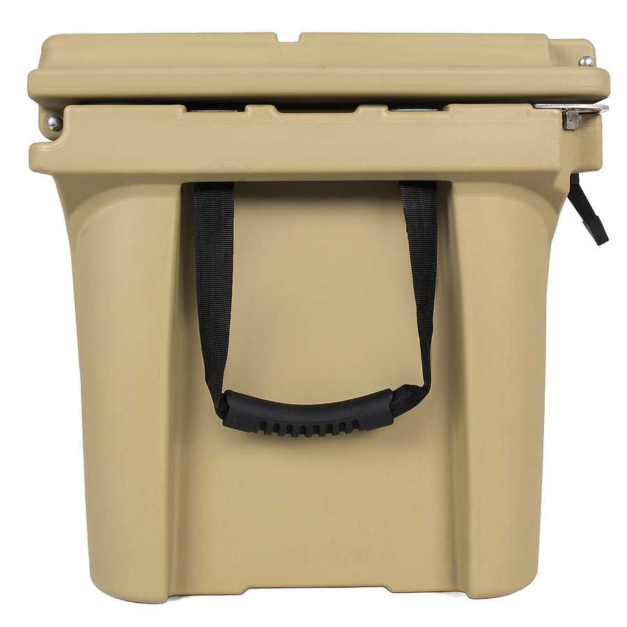 Beige cooler box with black handles on a white background