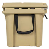 Beige cooler box with black handles on a white background