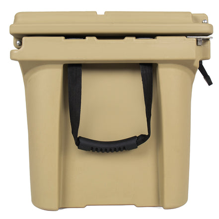 Beige cooler box with black handles on a white background