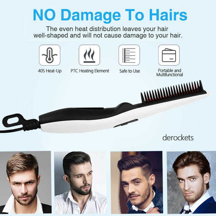 Hand holding electric hair straightening comb for styling beards and hair
