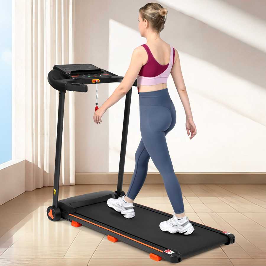 Treadmill with smartphone charging and music icons, woman running