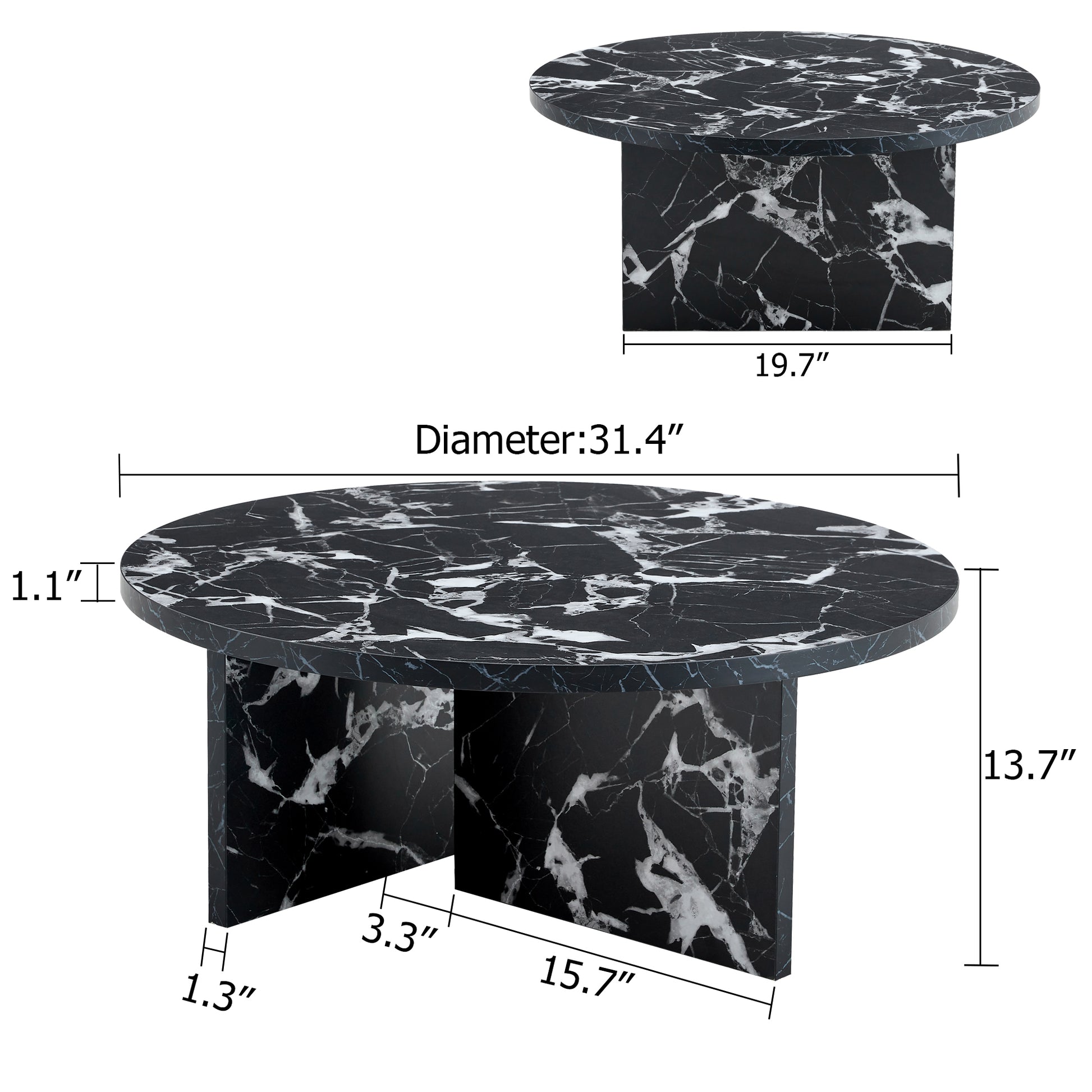 Black MDF round coffee table with modern minimalism, shown with detailed dimensions including 31.4-inch diameter and 13.7-inch height.