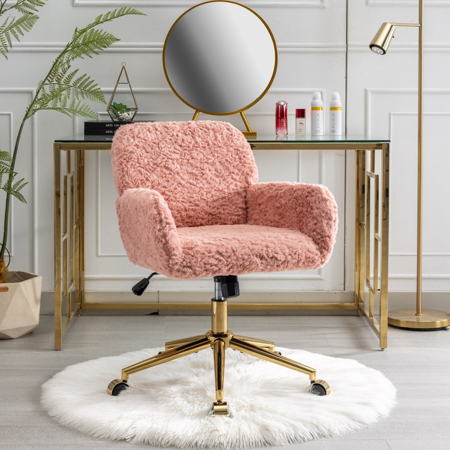 Furniture Office Chair,Artificial rabbit hair Home Office Chair with Golden Metal Base,Adjustable Desk Chair Swivel Office Chair,Vanity Chair(Pink)