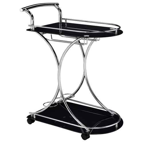 A modern bar cart with a glossy black glass tray and lower shelf, supported by a polished chrome wire frame and handle, on black caster wheels.